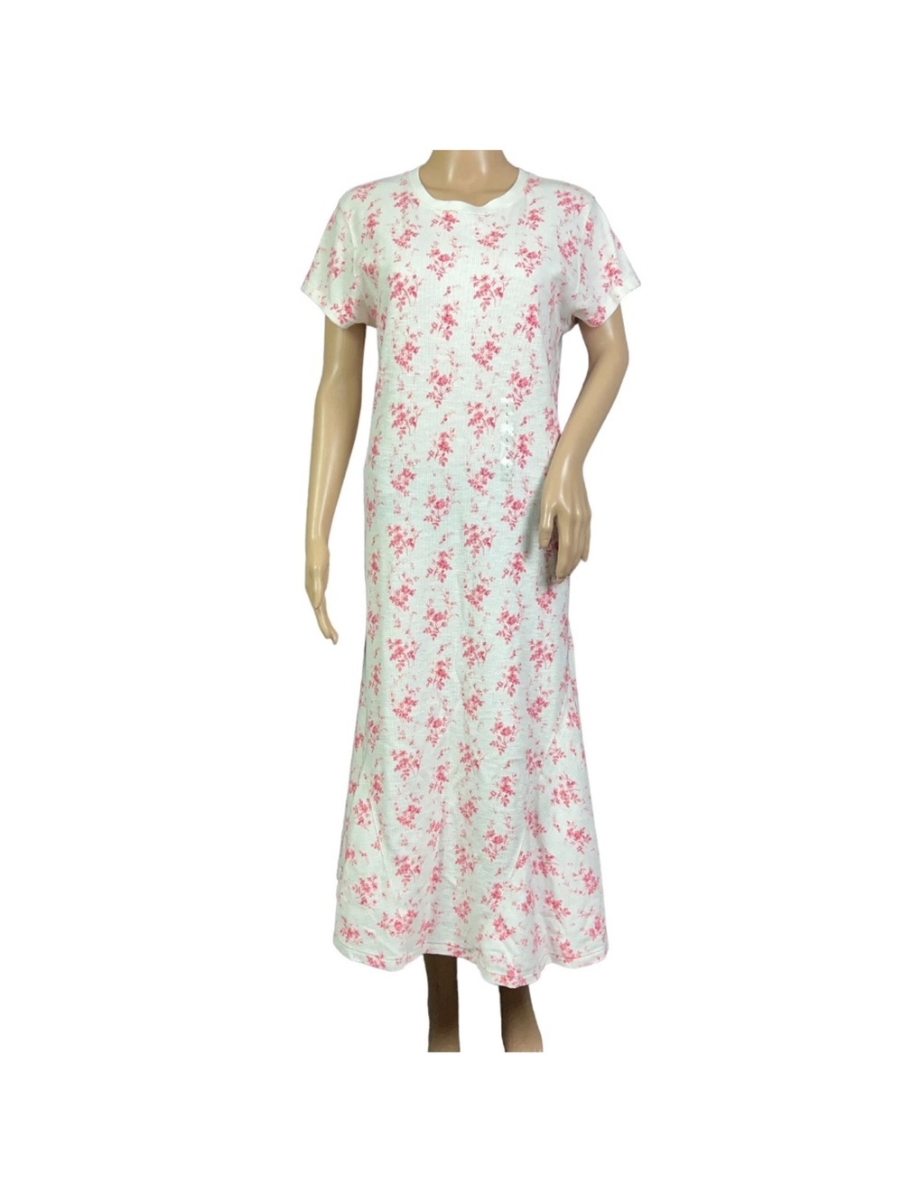 Ralph Lauren Maxi Waffle Knit Thermal Dress Cream with Pink Floral Print Size XL